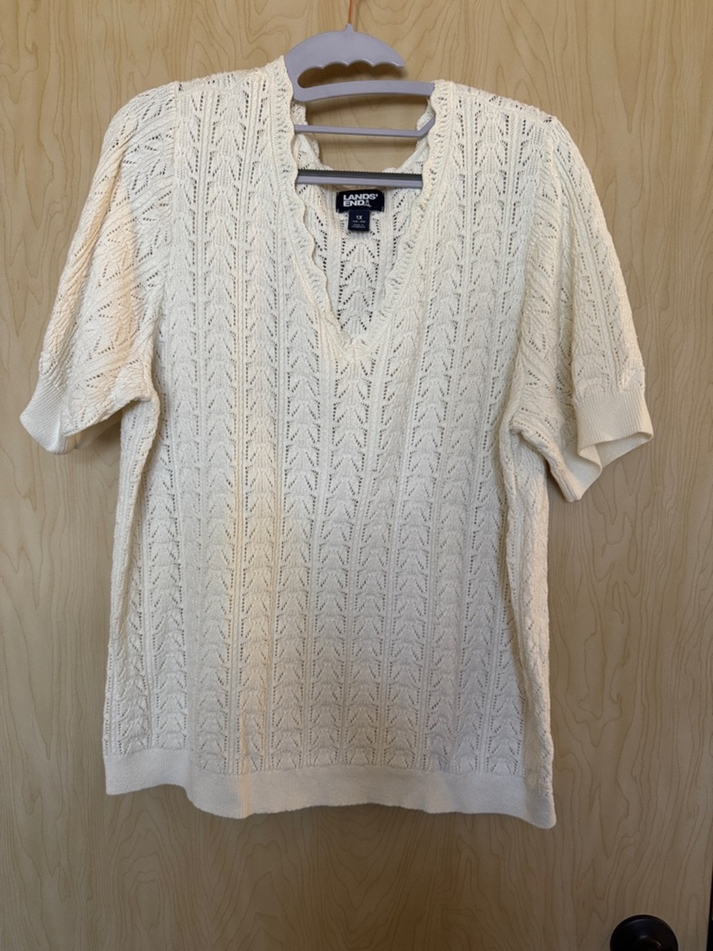 Lands' End Ivory Openwork Cable V-Neck Sweater